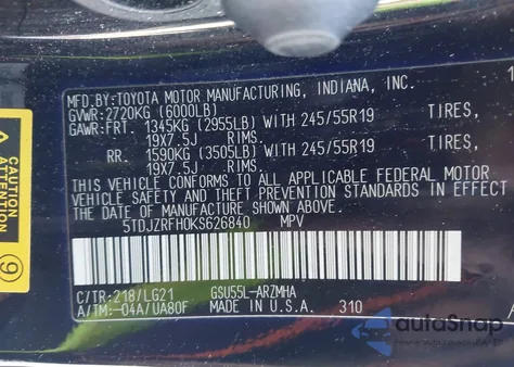 2019 Toyota Highlander Se из США, поврежденный, VIN 5TDJZRFH0KS626840